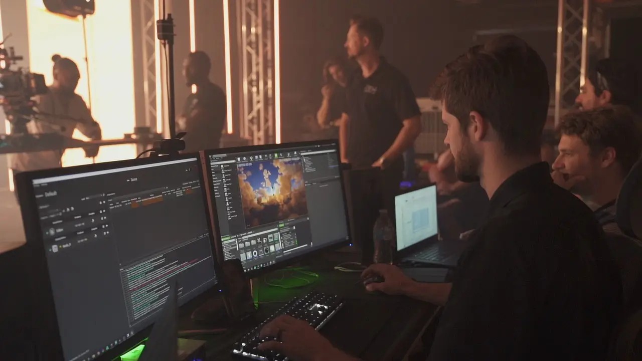 XR Studio control desks with Unreal Engine running beside the LED stage